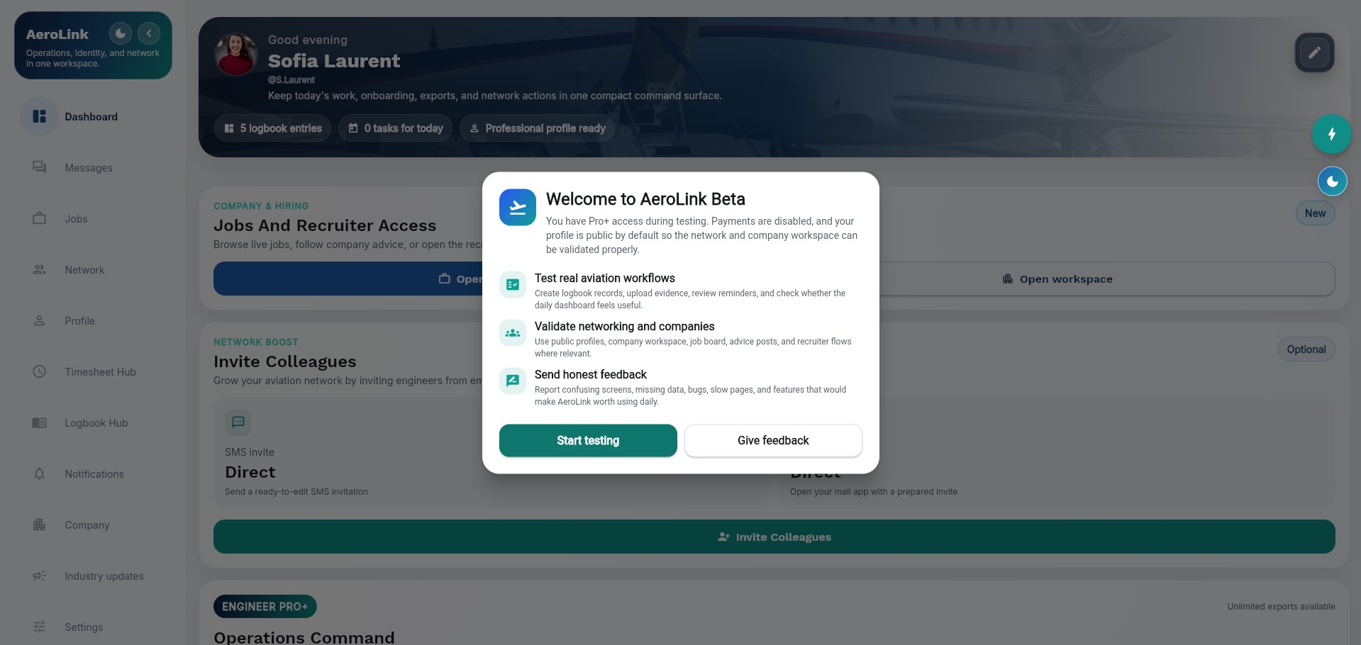 AeroLink aviation dashboard