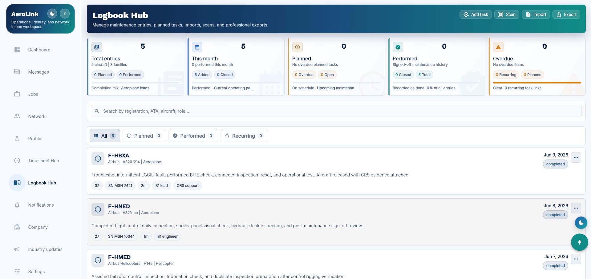 AeroLink logbook hub screenshot