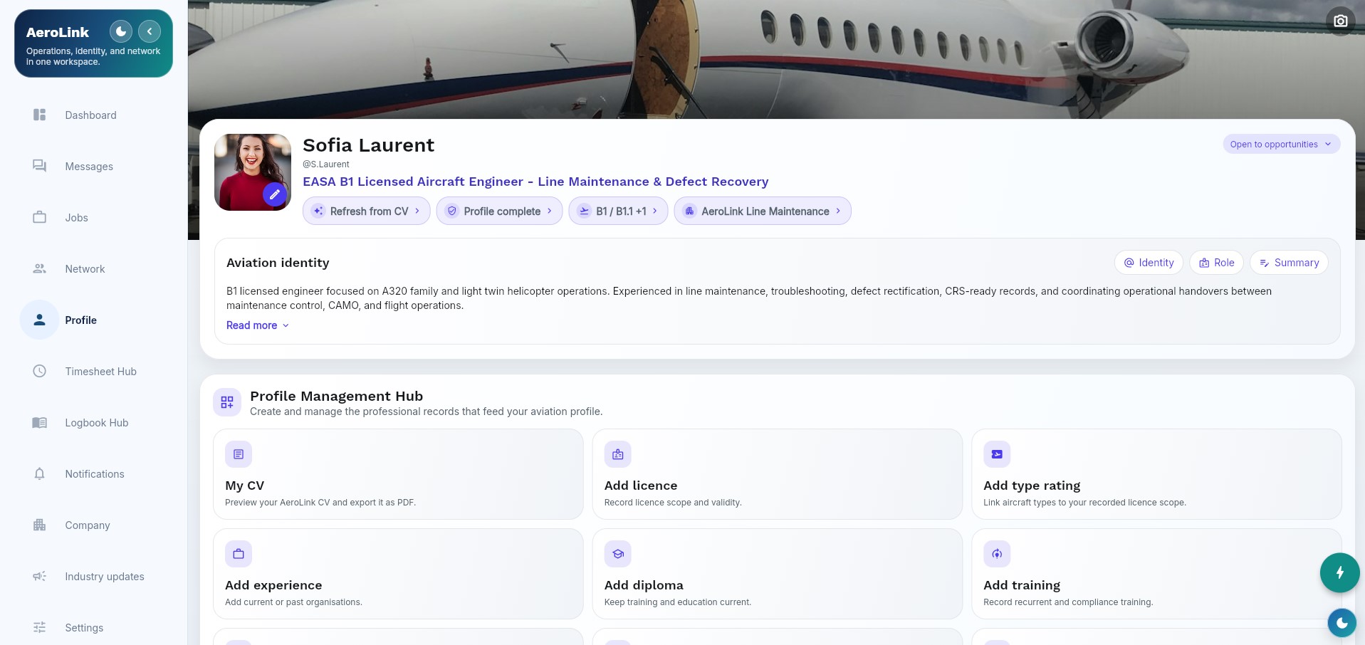 AeroLink professional profile screenshot